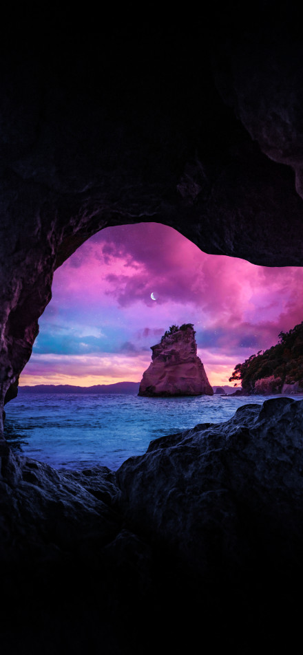 Night view of cathedral cove, New Zealand