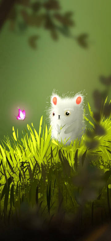White animals and butterflies in the grass illustration wallpaper