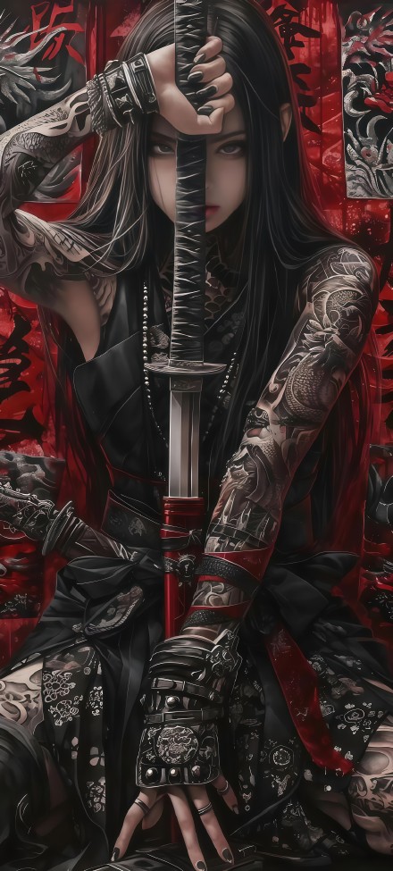 Cool tattooed girl warrior holding a sword phone wallpaper