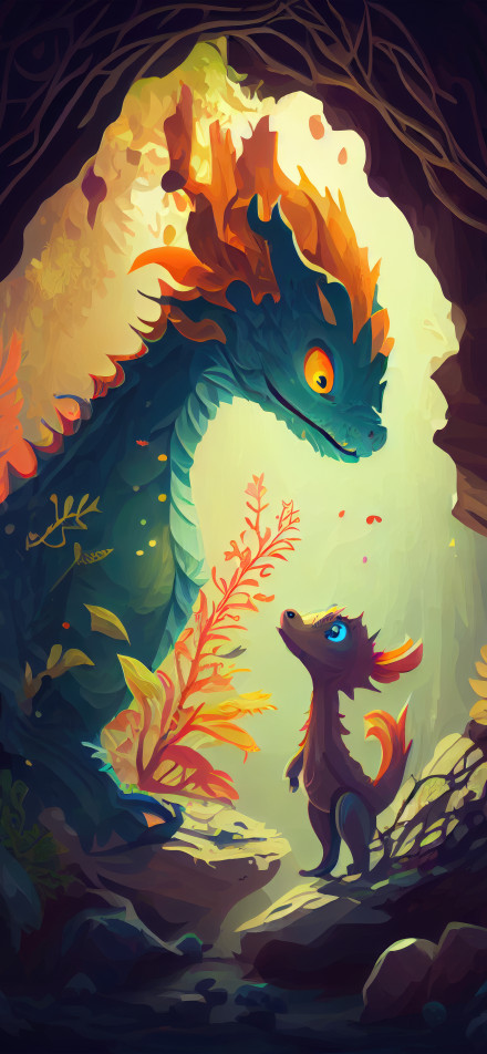 Cute Baby Dragon Meeting a Giant Fire Dragon 4K Illustration Wallpaper