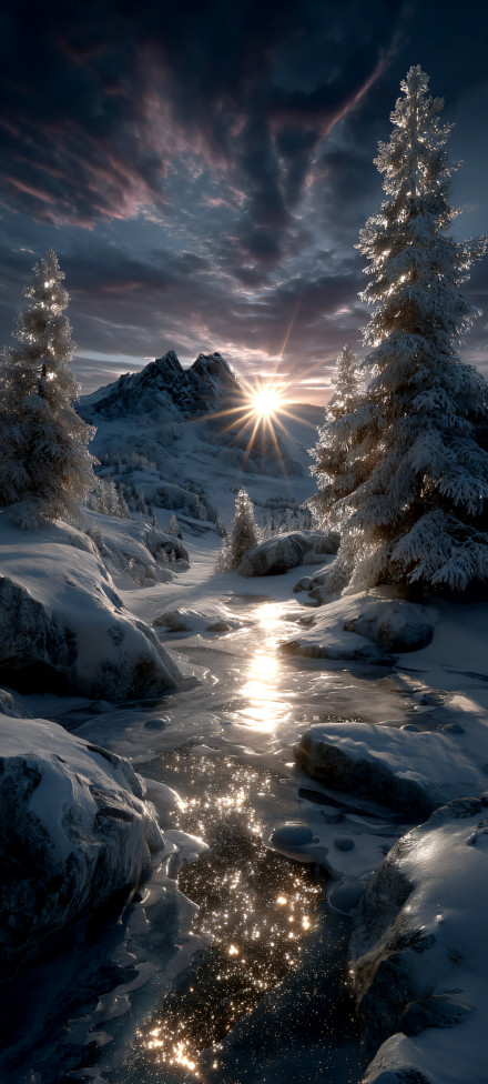 Winter Sunrise Over A Sparkling Frozen River 4K Wallpaper