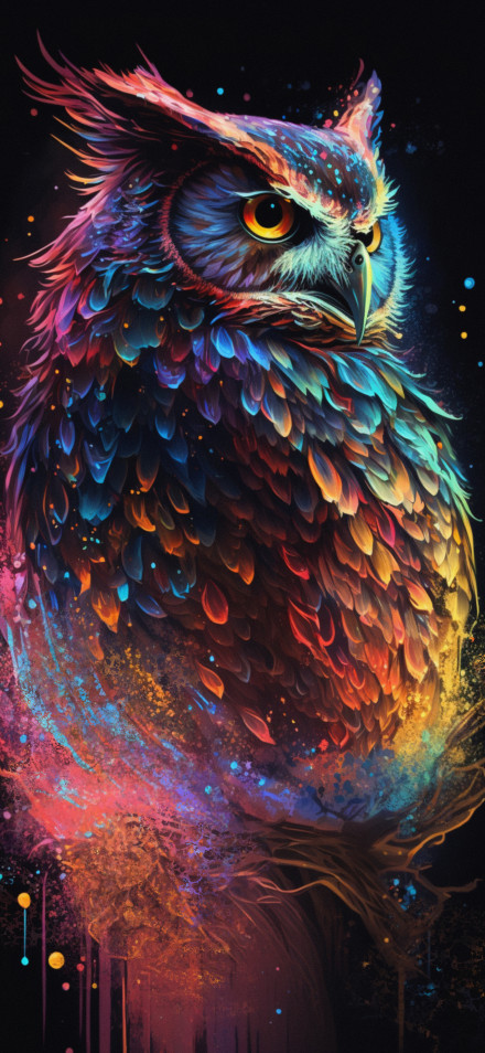 Colorful Owl with Splashes of Neon Paint in Dark Background Wallpaper 4K