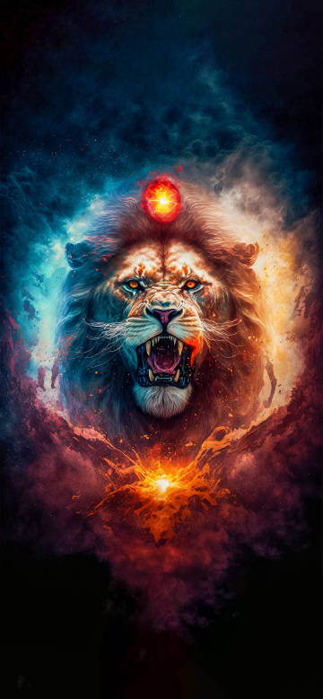 Fantasy lion in colorful mist