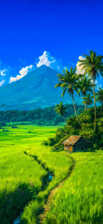 Hayao Miyazaki anime wallpaper, Field Path beside the Palm Trees