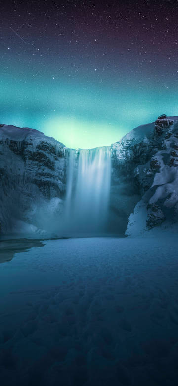 Dreamy starry sky waterfall scenery phone wallpaper