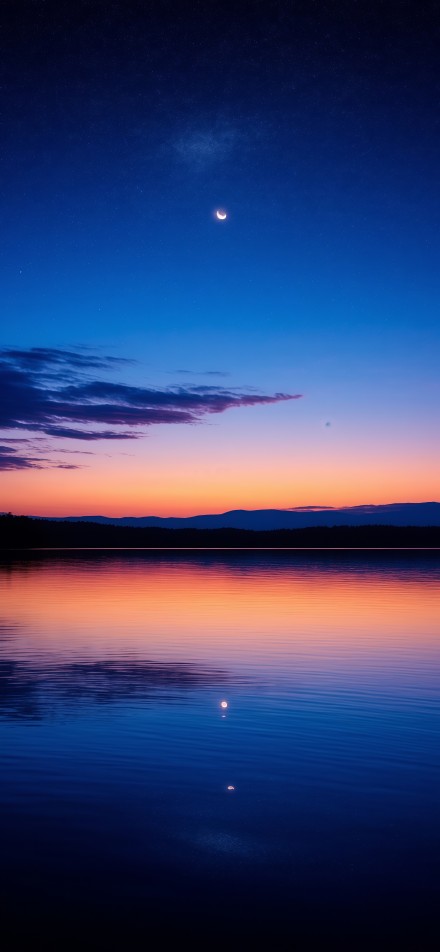 Lake under stars and crescent moon phone wallpaper