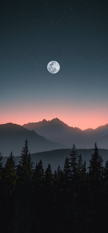Dark phone wallpaper, moon, starry sky, forest, mountains