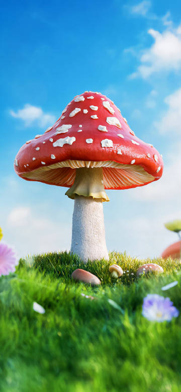 A red mushroom under the blue sky and white clouds