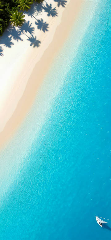 Tropical beach wallpaper: white sand, turquoise water, palm trees