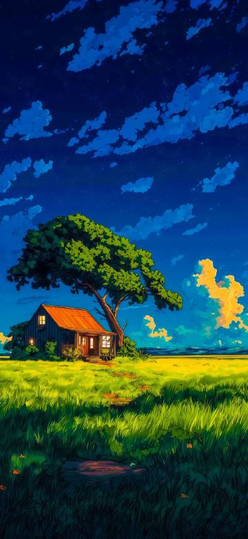 Hayao Miyazaki anime wallpaper, cabin on the green field