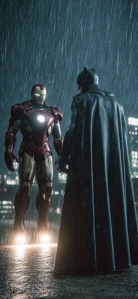 Batman and Iron Man talking on a rainy night phone wallpaper