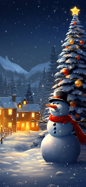 Cute Snowman And Glowing Christmas Tree 4K Wallpaper