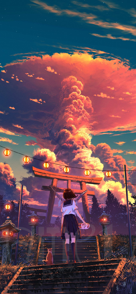 Sunset Explosion Clouds Over Japanese Shrine