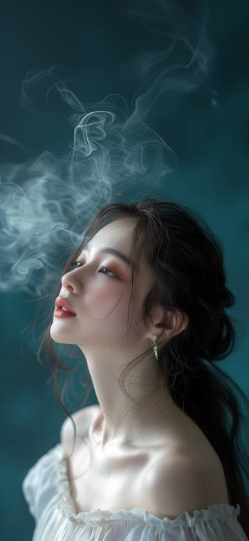Elegant Woman Surrounded by Soft Smoke on Teal Background Wallpaper