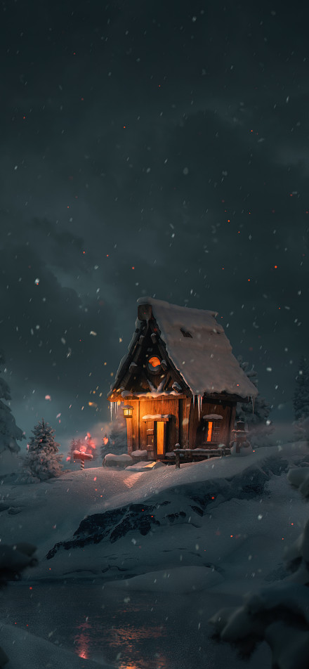 Warm cottage in heavy snow phone wallpaper