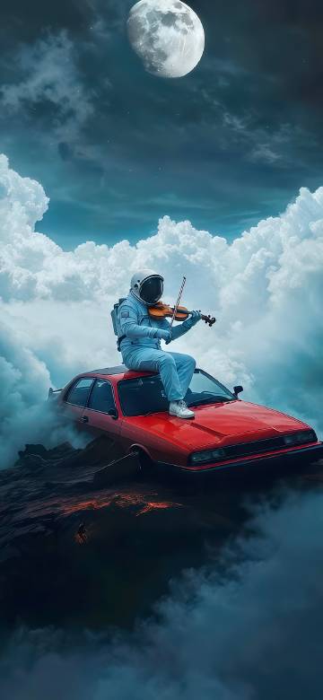 Astronaut playing violin on red car phone wallpaper