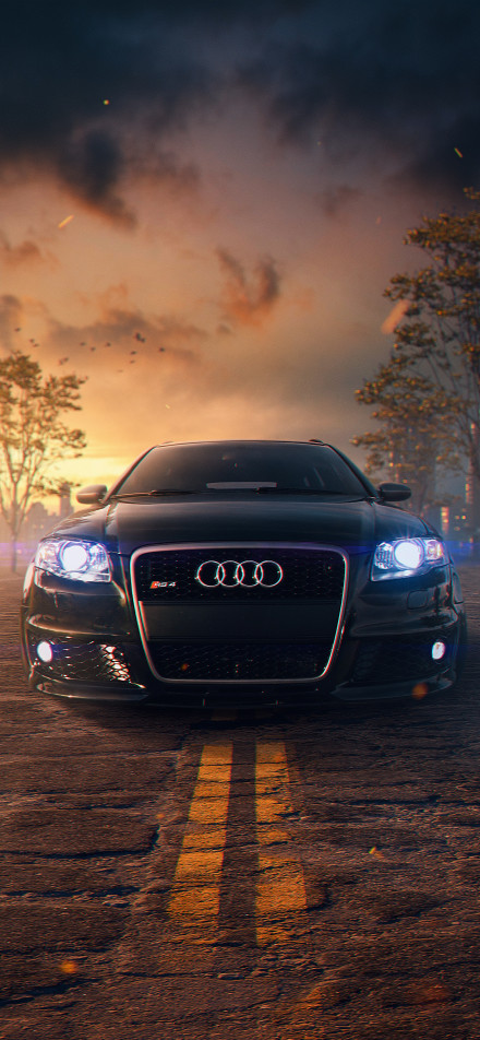 A black Audi car parked on the road at dusk phone wallpaper