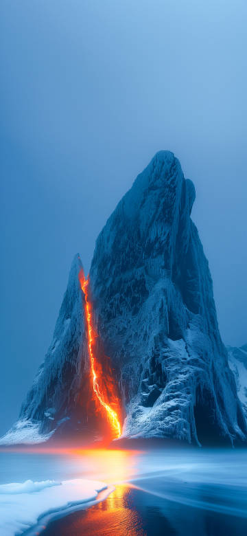 Volcanic Lava Erupting from Ice-Covered Mountain 4K UHD Wallpaper