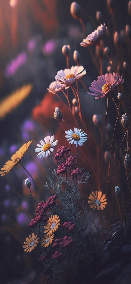 Dreamy Flower Field with Warm Sunset 4K Phone Wallpaper