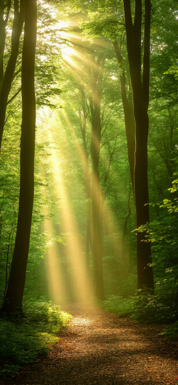 Sun shines through the trees on the path phone wallpaper