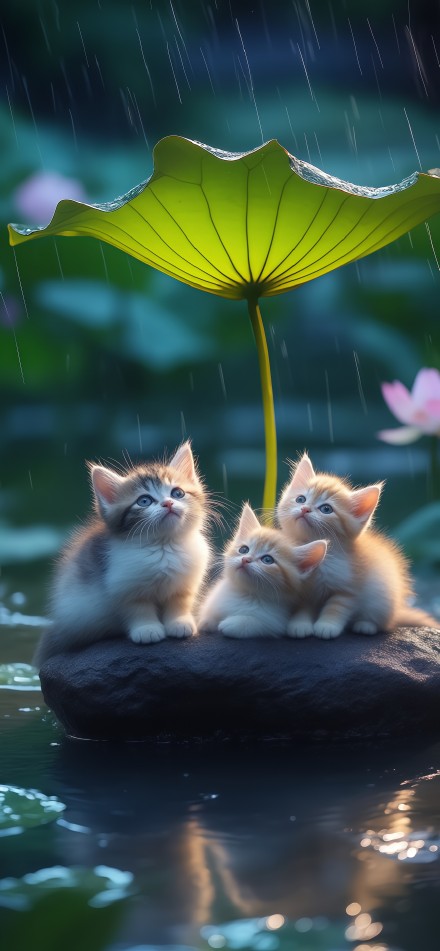 Three kittens hiding from the rain under a large lotus leaf