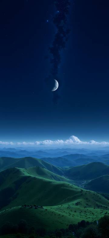 Green Hills Under the Night Sky 4K Wallpaper