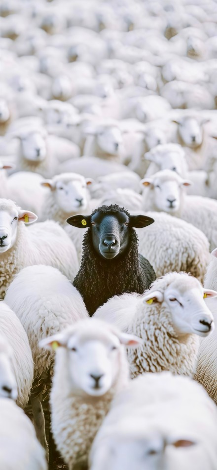 A striking black sheep among the white sheep phone wallpaper