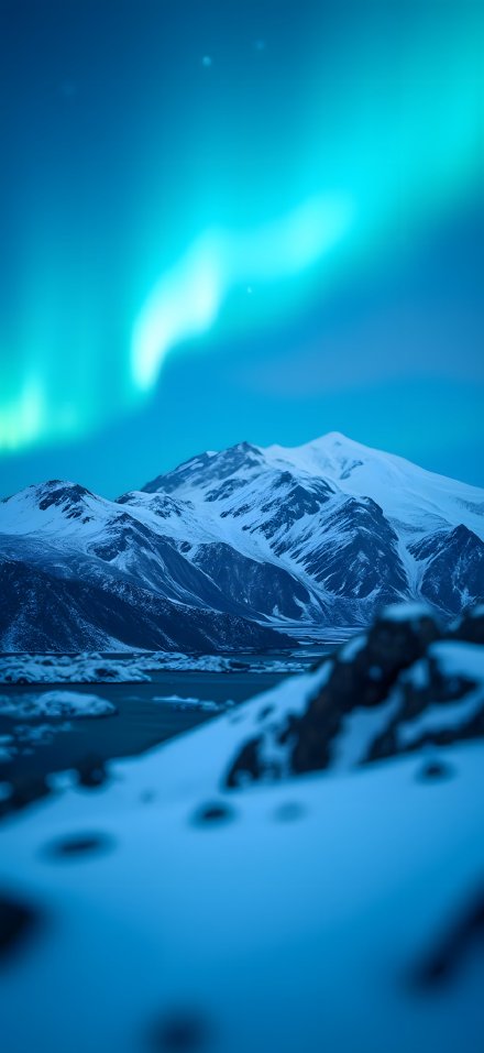 Colorful aurora dancing over snow mountains phone wallpaper