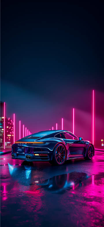 Neon Porsche 911 in Vibrant Night Scene 4K Wallpaper