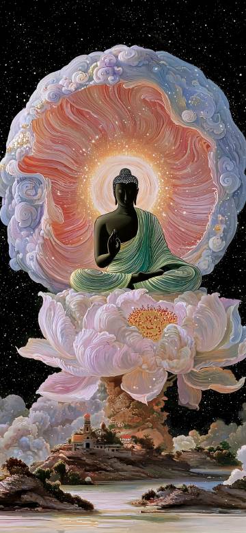 Buddha Statue Seated on a Giant Lotus 4K Illustration Wallpaper