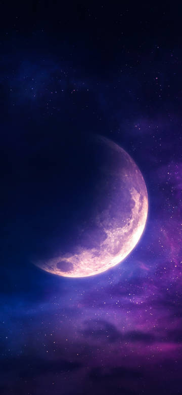 Purple Crescent Moon and Blue Starry Sky 4K Wallpaper