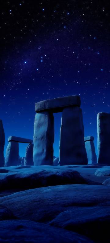 Mysterious boulders at night under a blue starry sky