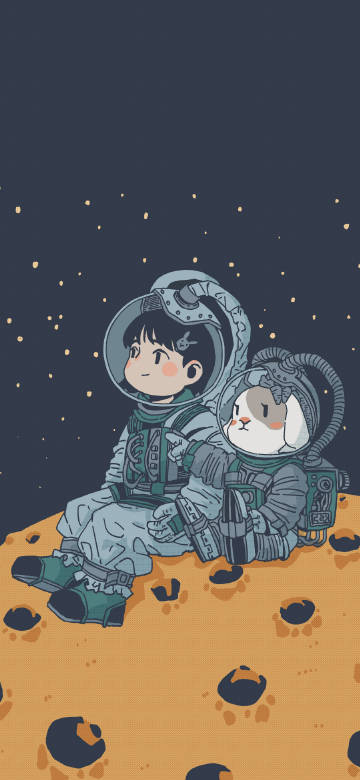 Cartoon Astronaut Kid and Bunny Wallpaper