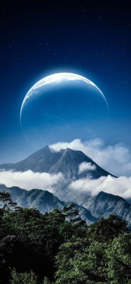 Beautiful view of mountains under the giant moon phone wallpaper