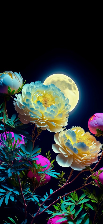 Fantasy Moonlight Peony 4K Phone Wallpaper
