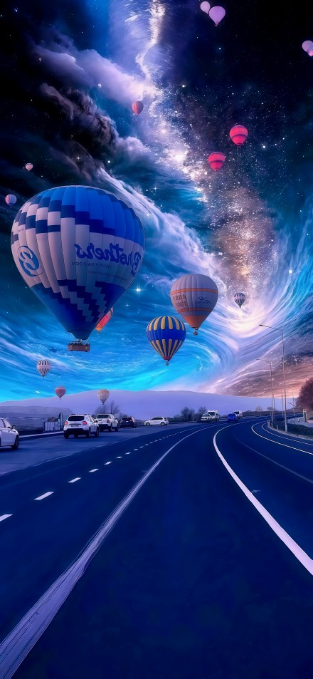 Fantastical hot air balloon scene on the highway phone wallpaper