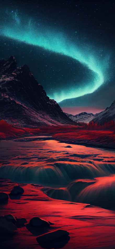 Fantasy Red Valley Under Northern Lights 4K Phone Wallpaper