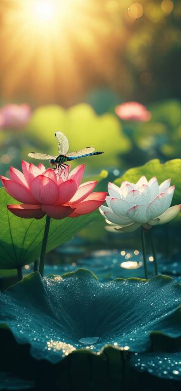 Dragonfly dancing on lotus phone wallpaper