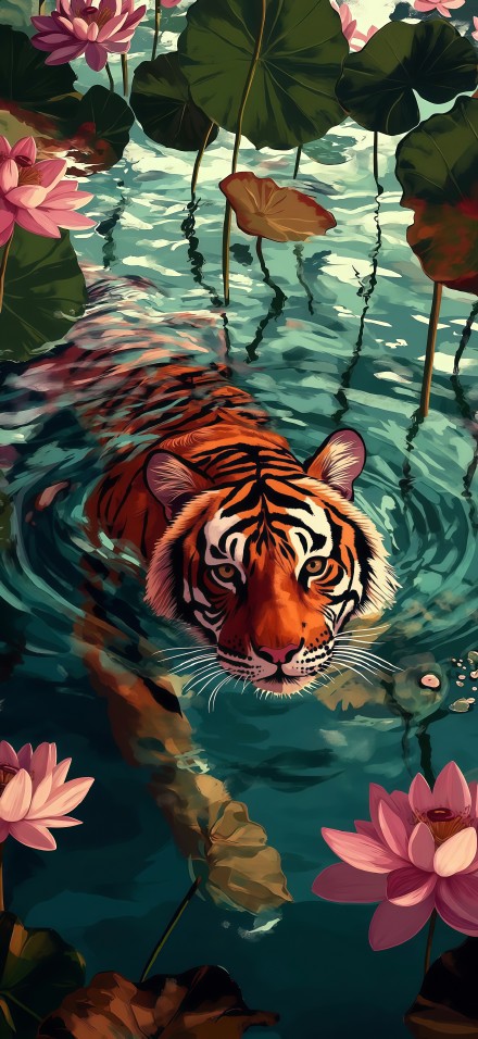 A tiger in the lotus pond oil painting wallpaper