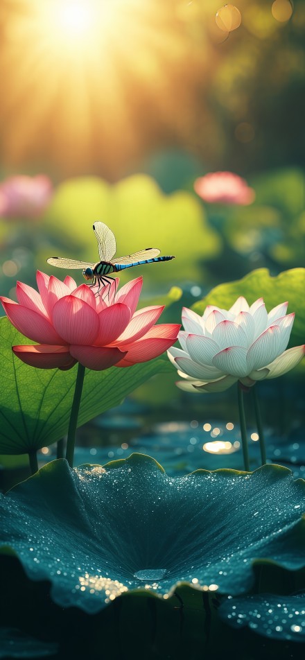 Dragonfly dancing on lotus phone wallpaper