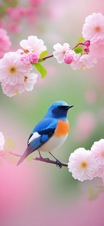 Red-flanked bluetail on cherry blossom branch phone wallpaper