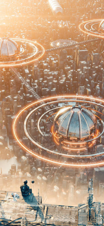Lonely watcher in the future city phone wallpaper
