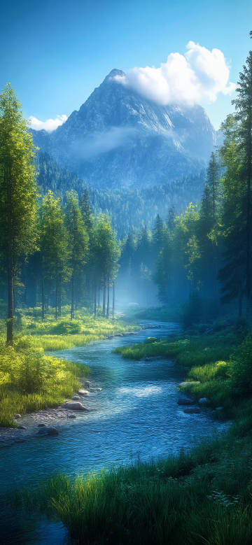 Tranquil mountain scenery wallpaper: lush forests, winding rivers