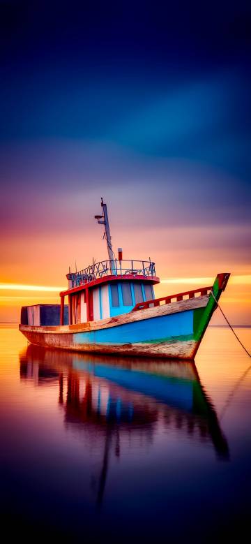 Colorful Fishing Boat on Calm Still Water 4K Wallpaper Colorful Fishing Boat on Calm Still Water 4K Wallpaper
