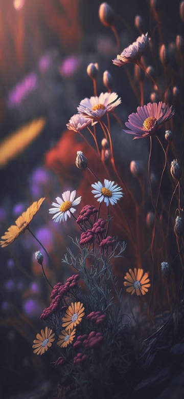 Dreamy Flower Field with Warm Sunset 4K Phone Wallpaper