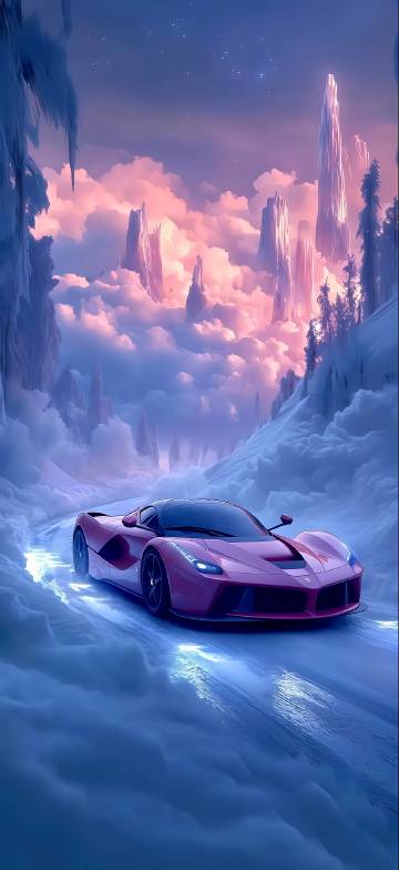 Pink sports car driving on a fantasy road covered with ice and snow