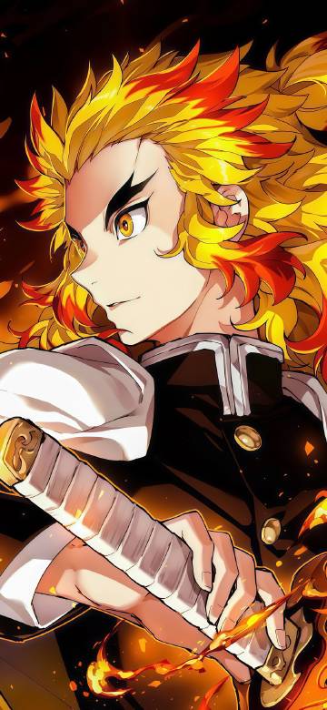Rengoku Kyojuro holding the hilt of the sword in "Demon Slayer"