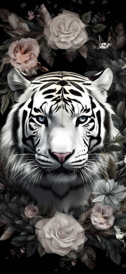 Blue-Eyed Tiger and Vintage Roses Art 4K UHD Wallpaper