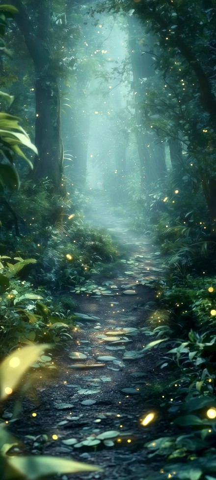 Forest trails surrounded by fireflies phone wallpaper