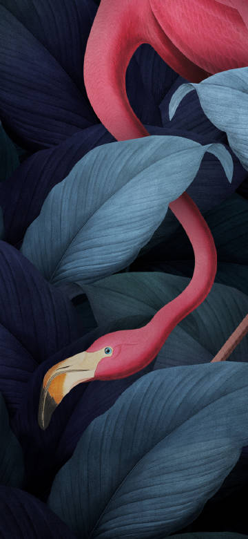 Pink flamingo in dark blue tropical leaves 4K illustration wallpaper